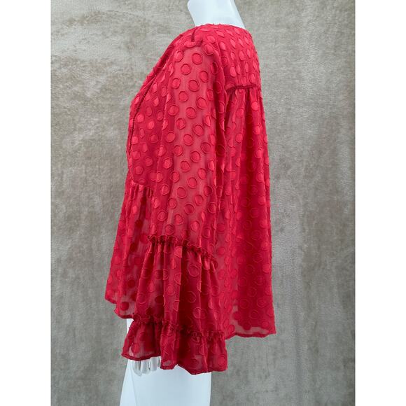 Soft Surroundings Top Women Large Red Besito Polka Dot Sheer Ruffle Tassels Boho - Picture 5 of 10